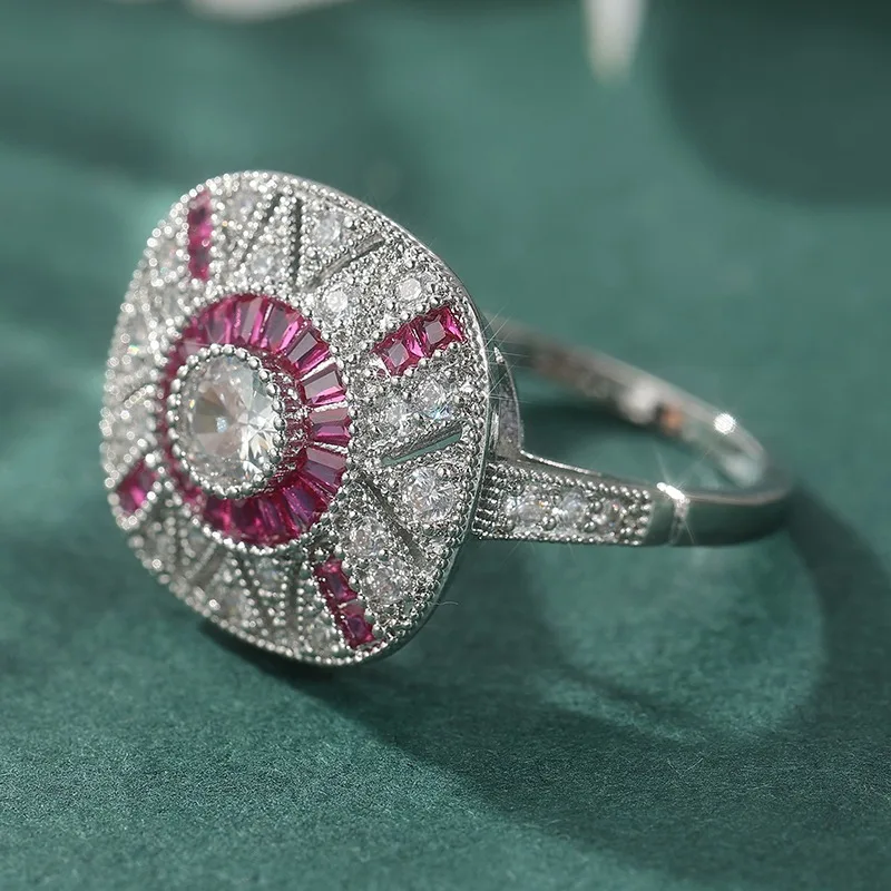 Luxuriöser Eingelegter Weiß-Rosa CZ Damenring Funkelnder Silberfarbener Geometrischer Alltags- und Partyschmuck Jubiläumsgeschenk – Detail 2