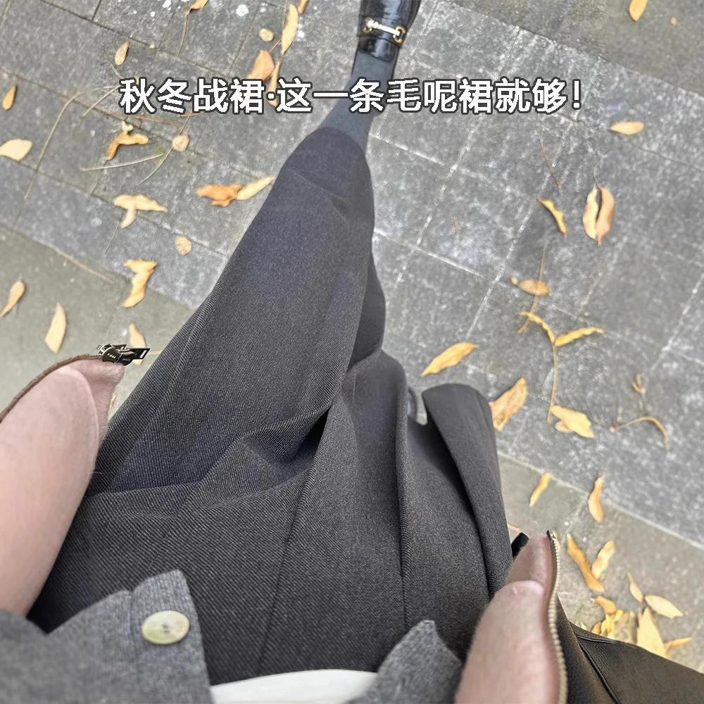 

Шерстяная юбка 2025 года, тонкая высокая талия, грушевидная фигура, плиссированная юбка А-образной формы, средняя и длинная