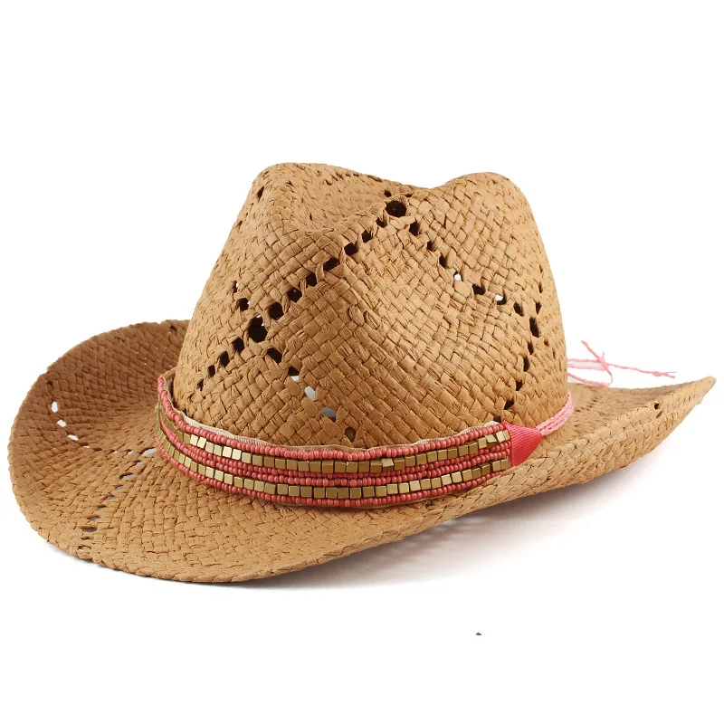 

New American Western Cowboy Straw Hat, Handmade Hollowed-out Breathable Sun Hat, Outdoor Jazz Hat