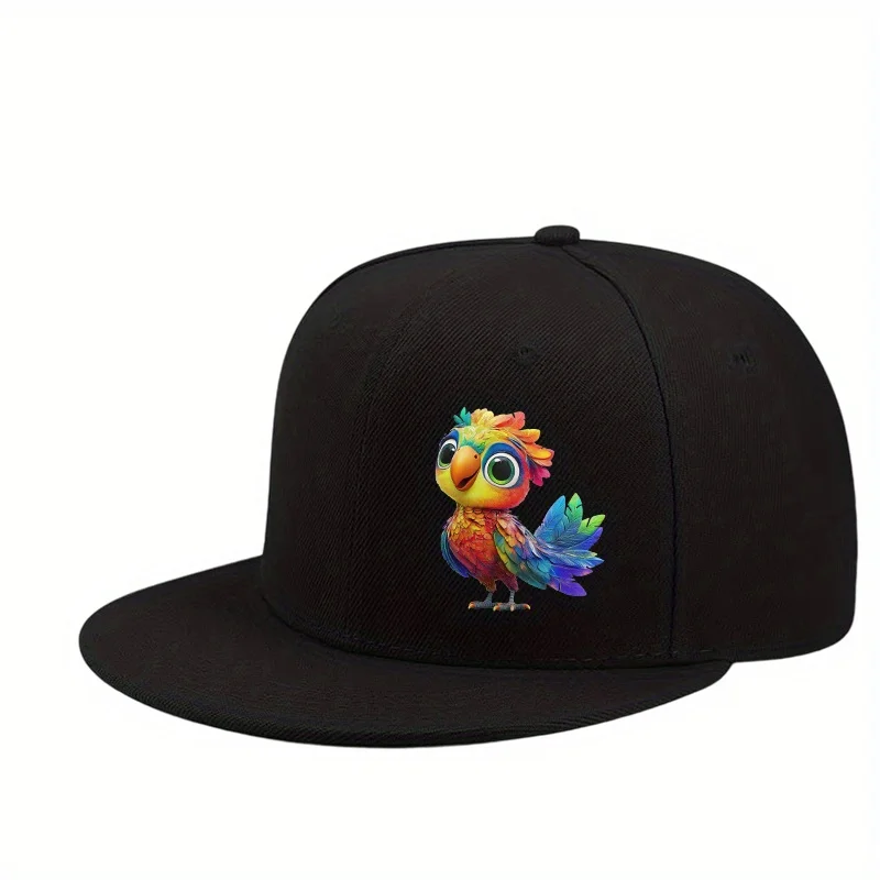 A Unisex Adjustable Streetwear Hip-hop Versatile Flat-brim Baseball Cap with a Colorful Parrot Print Pattern