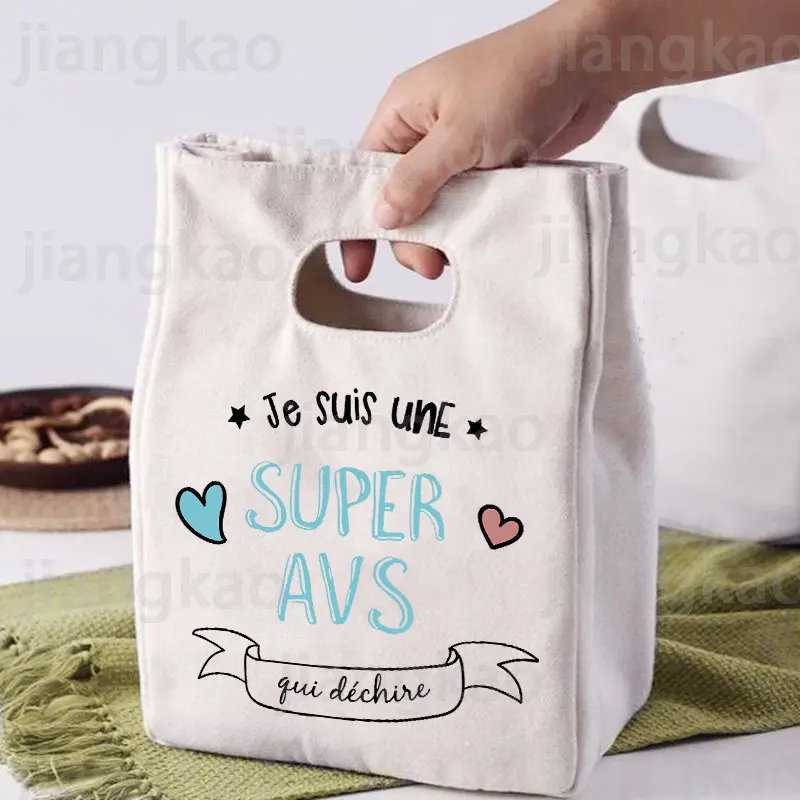 

Super AVS French Printed Lunch Cooler Bag Portable Insulated Canvas Bento Box Tote Thermal School Food Storage Pouch AVS Gifts