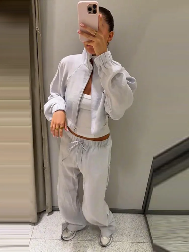 Damen-Hosenanzug 2-teilig mit Stehkragen, Laternenärmeln, Kurzmantel und Weiten Hosen, Modische Streetwear für Damen, Neu – Detail 22