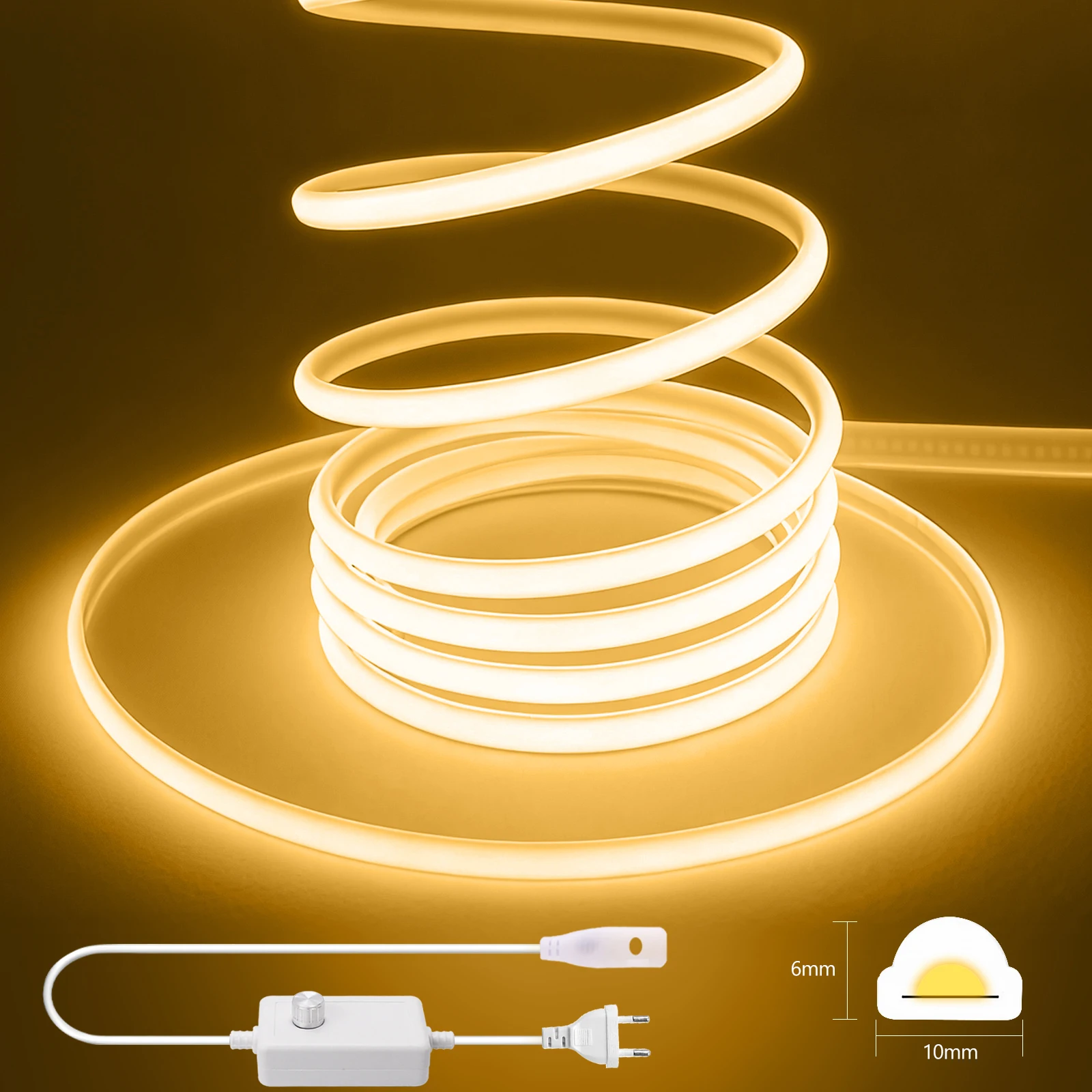 

Dimmable 220V COB LED Neon Strip Light 288Leds/M With Switch/Dimmer EU Plug Flexible Tape IP67 Waterproof Lamp Garden Home Decor