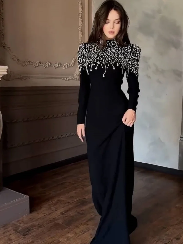 فساتين طويلة مزينة بالألماس الأسود - فستان حورية البحر بأكمام طويلة ورقبة عالية ورقبة دائرية مطرز بالترتر للحفلات الراقصة السعودية للنساء #2
