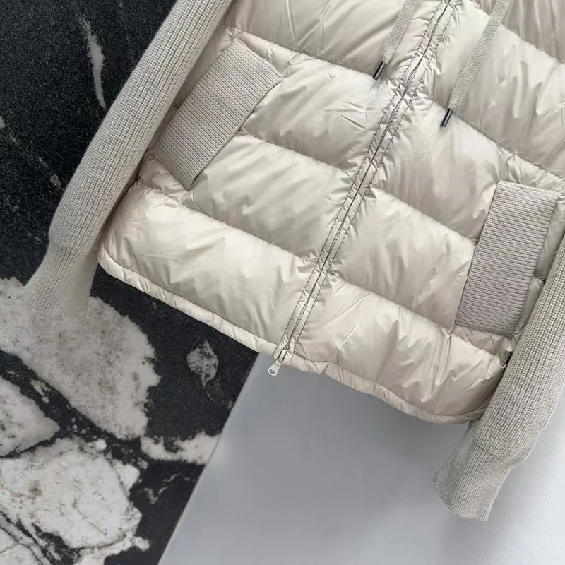 Dameswollen patchwork donsjack met capuchon, modieuze, casual en veelzijdige warme jas, hoge kwaliteit, herfst en winter,