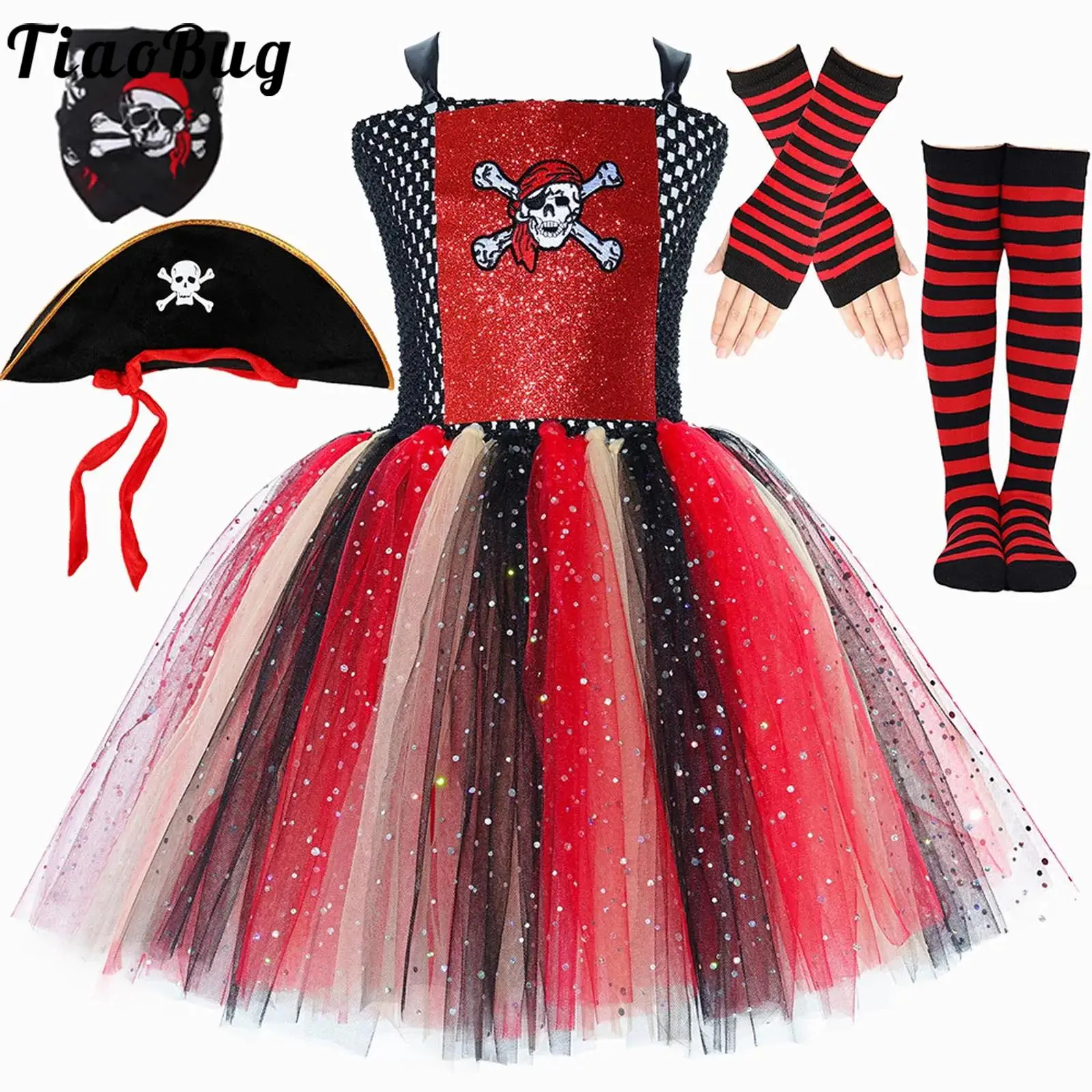 Toddler Kids Girls Pirate Dress Halloween Captain Pirate Princess Cosplay Costume Skull Print Sequins Tutu Dress with Hat Gloves