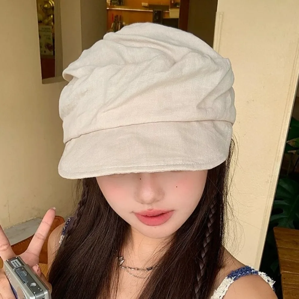 

Ins Japanese Linen Berets Pleated Classic Newsboy Hats Casual Soft Peaked Caps Female