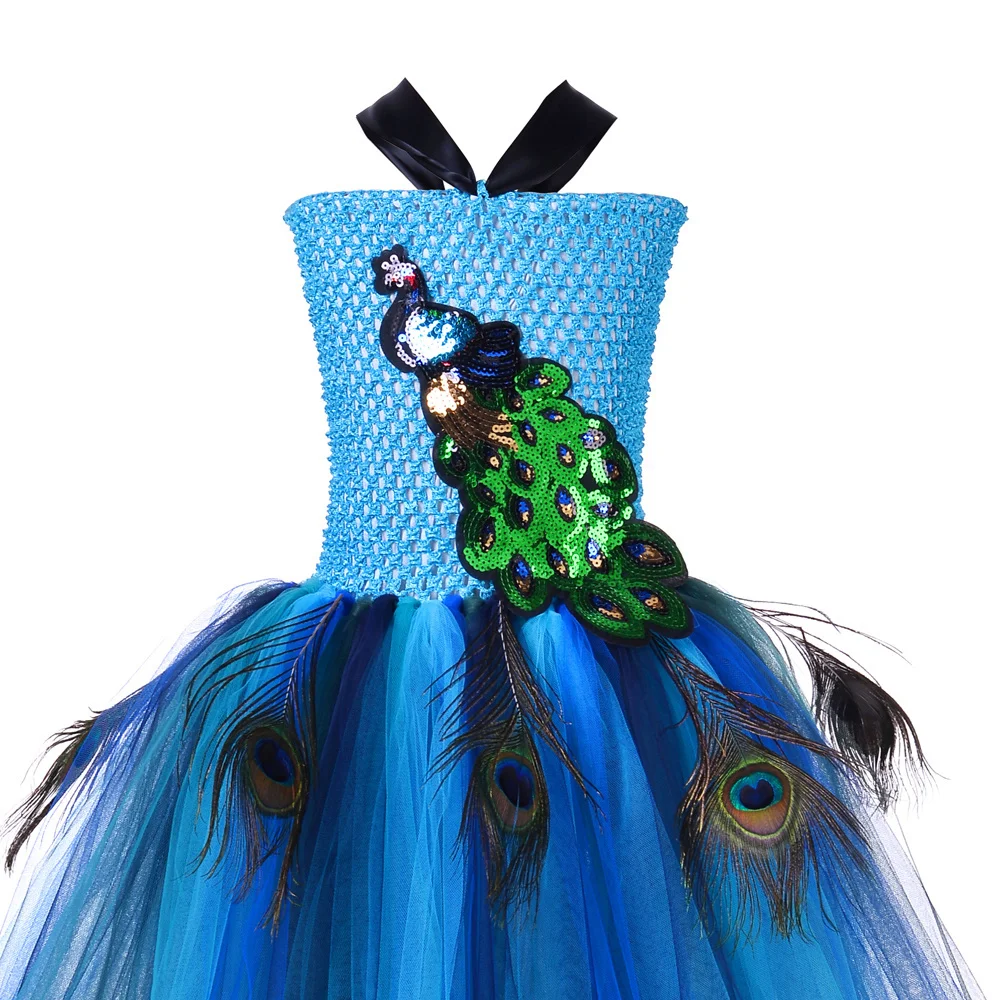 High Low Peacock Trailing Dresses for Girls Christmas Halloween Costumes Kids Birthday Evening Party Fancy Tutus with Long Tail