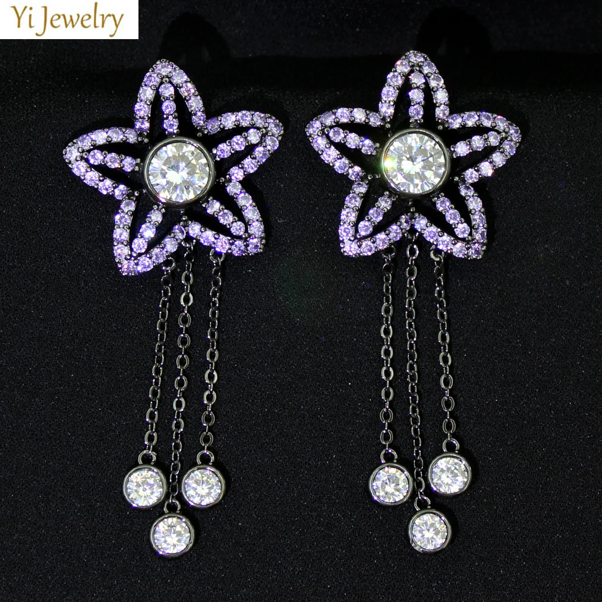 

Pentagram Earrings Green Purple Orange full zircon Luxury Jewelry Long Chain Tassel Earrings women Party Jewelry