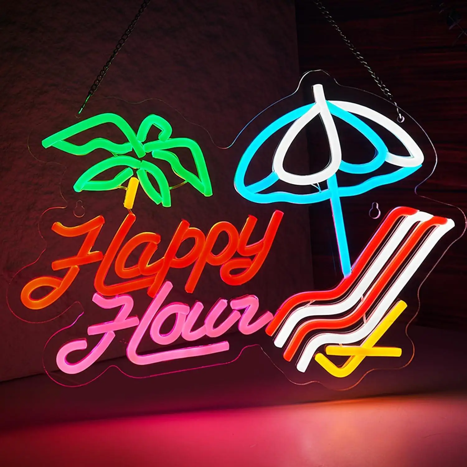 Happy Hour Neon Sign USB Dimmable LED Neon Light for Tiki Bar Cafe Home Bar Man Cave Hawaiian Tropical Neon Wall Art Decoration