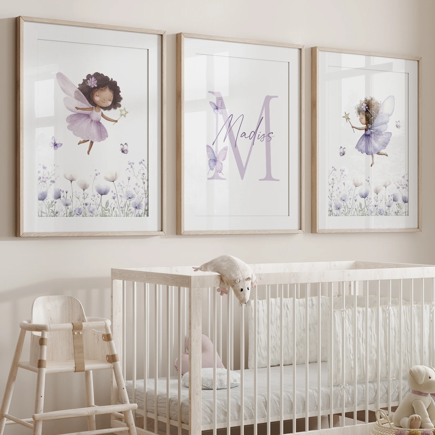 3 szt. Personalizowane Imię Czarne Elfie Fioletowe Kwiaty Motyle Obraz na Ścianę Dekoracja do Salonu Pokoju Dziecięcego