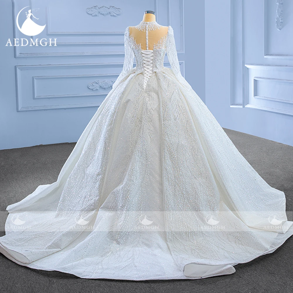 Aedmgh Ball Gown Abiti da sposa principessa Collo alto Manica lunga Vestido De Novia Abito da sposa su misura di lusso con paillettes in pizzo