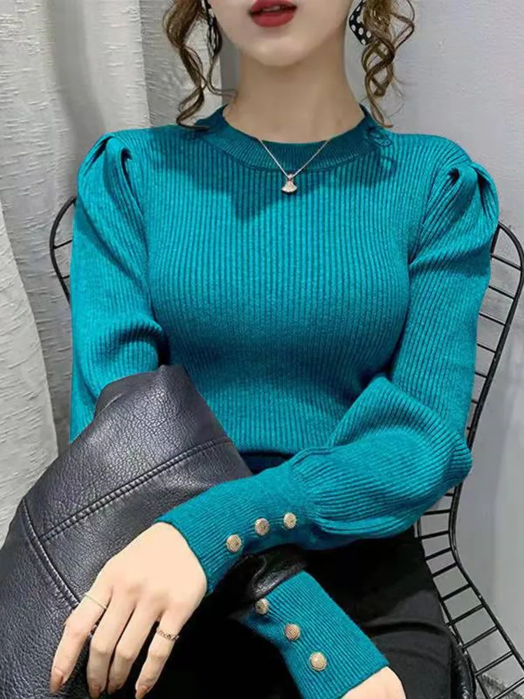 Fashion O-neck Elastic Female Pullover Sweater Lantern Sleeve Buttons Women Jumpers Knit Tops Winter Clothes Women Pull Femme