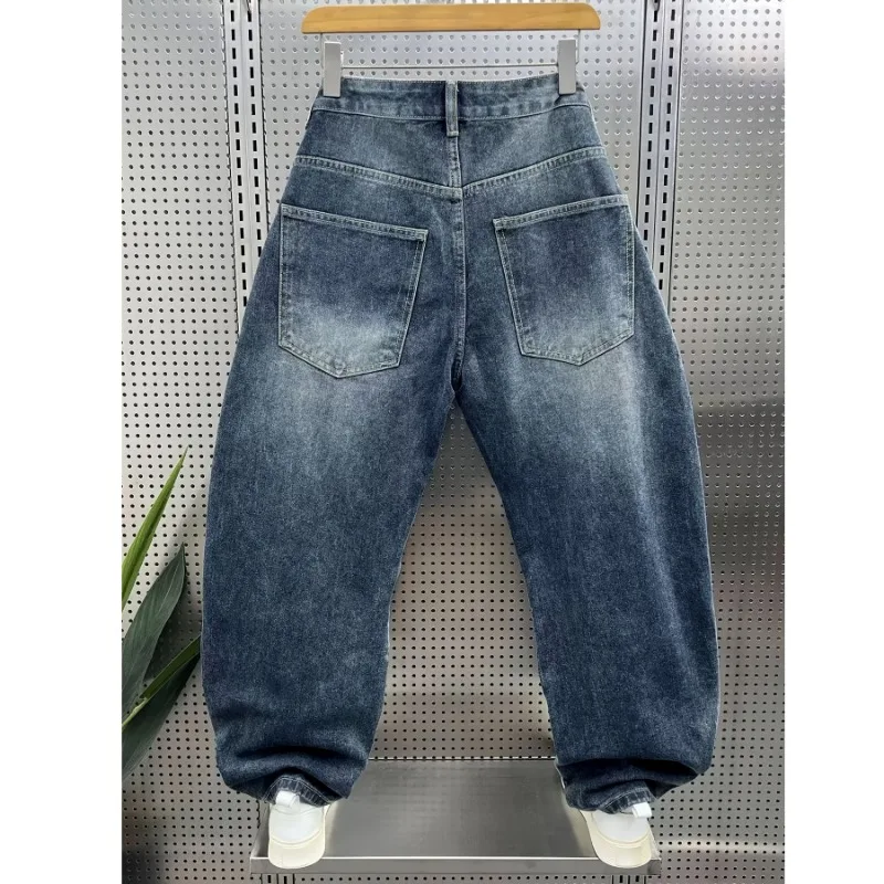 Men Four Season Vintage Wash Curved Denim Trousers Double Layer Waistband With Three Dimensional Cutting Design Long Jeans