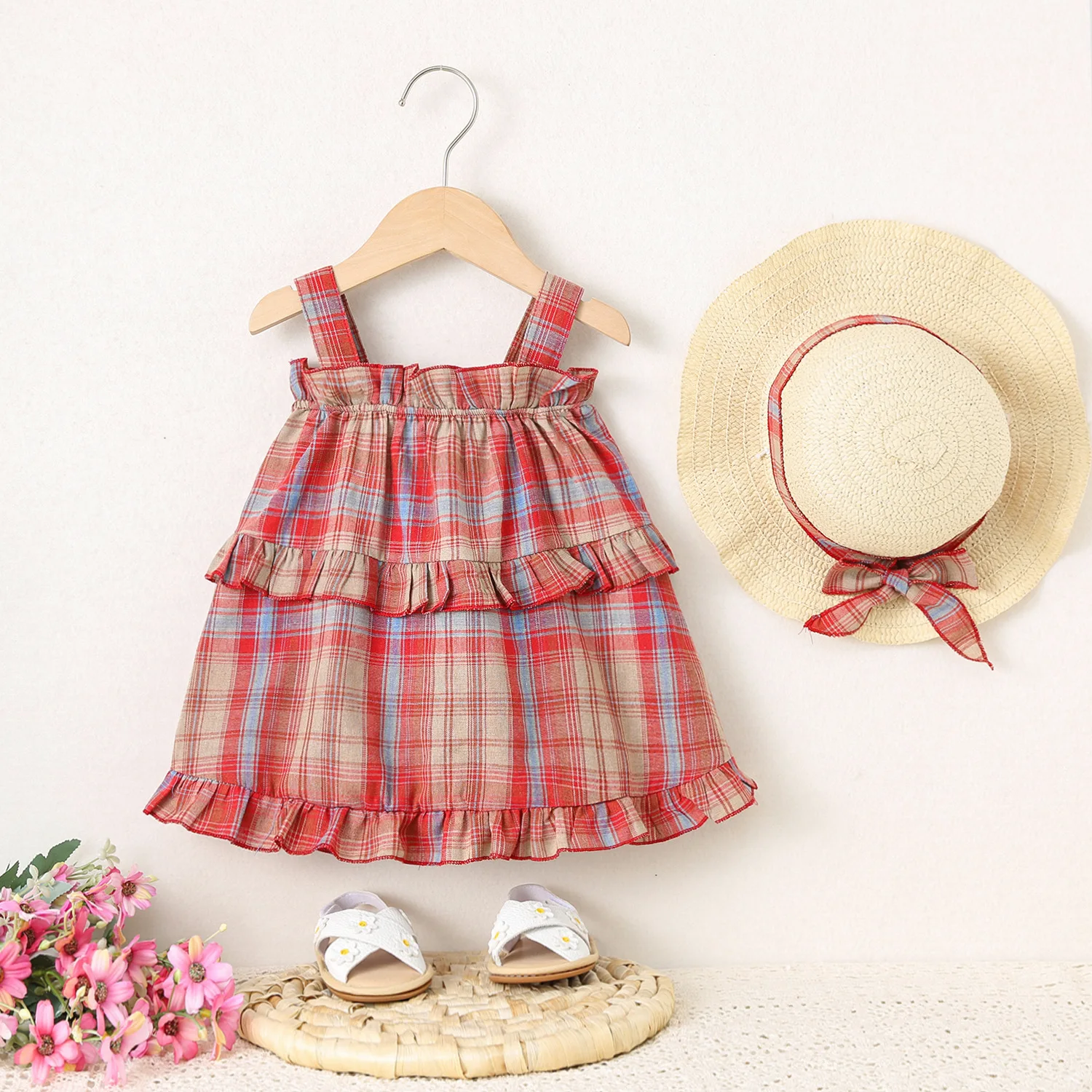 

Girls Dresses Summer Cotton Plaid Halter Baby Girl Dresses Cute Girls Beach Dress With Hat Baby Girl Clothes