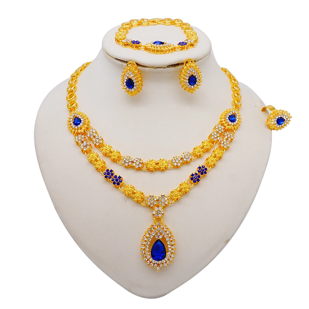 Luxus Dubai Gold Farbe Doppels chicht Halskette Schmuck Sets für Frauen afrikanischen Wasser tropfen Kristalls chmuck indischen Set Geschenke – Detail 6