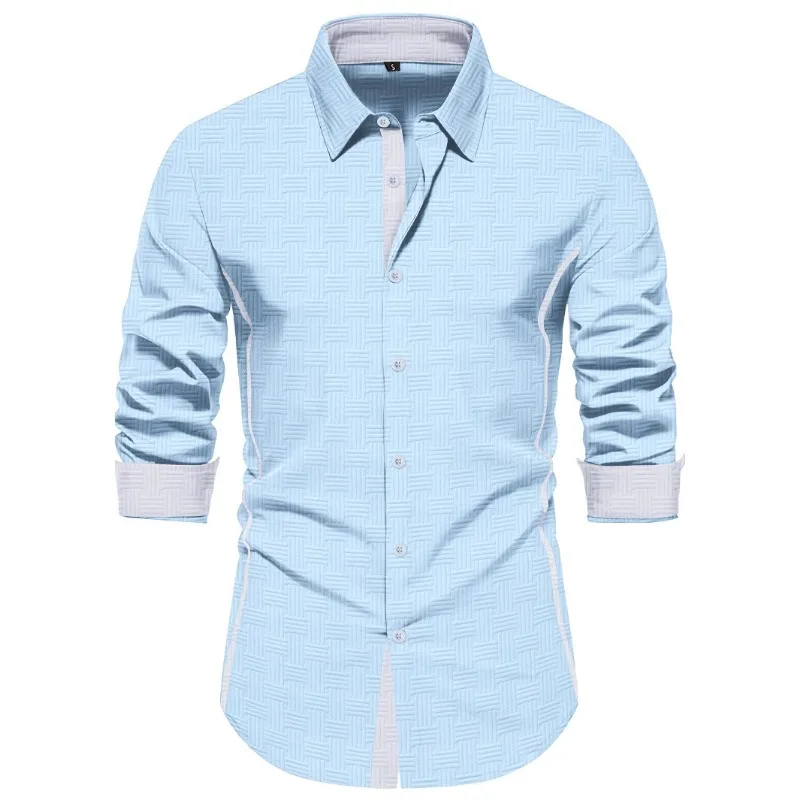 

Men's Light Blue Textured Weave Long Sleeve Shirt Casual Business Button Down Shirt Slim Fit Formal Blouse