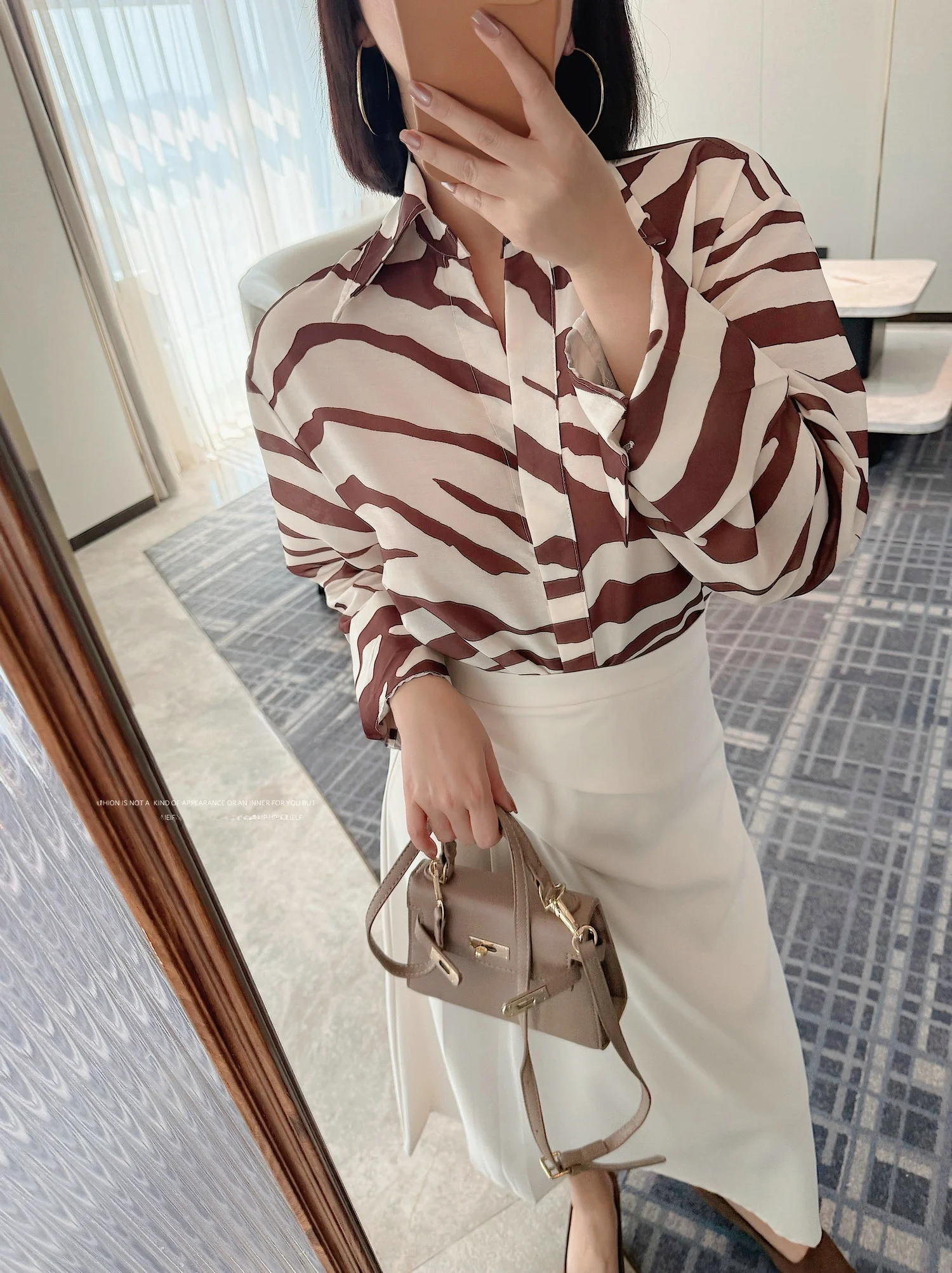 

Elegant Zebra Print Long Sleeve Women's Shirt Loose Fit Classic Style Polyester Fiber Straight Cut Collar Button up