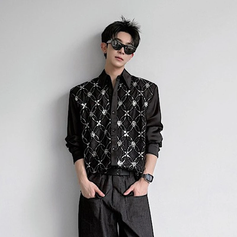 WTHT Fashion Men's Heavy Industy Spliced Sequins Lace Design Shirts Trendy Solid Color Lapel Loose Tops Male 2026 Summer 2A3027