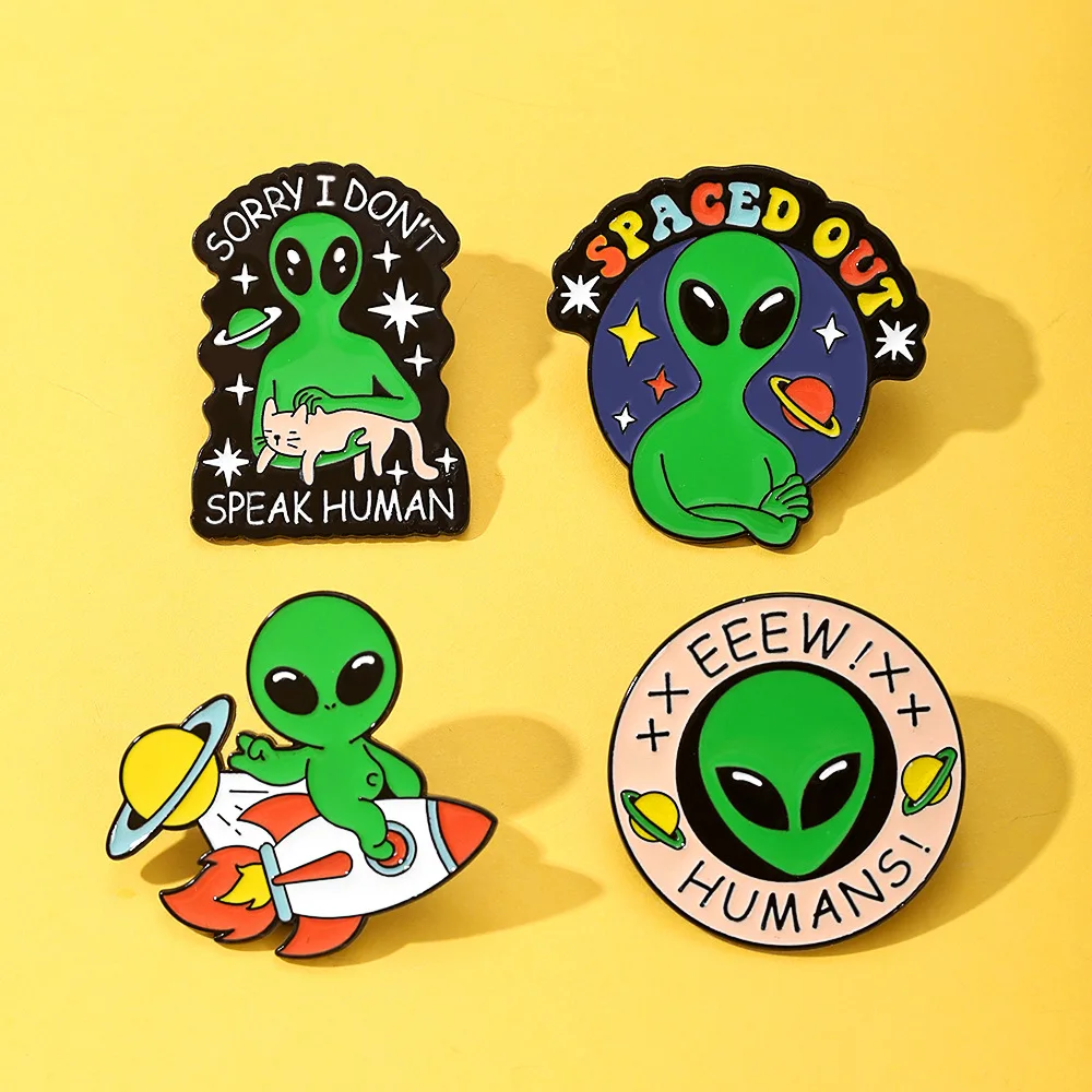 4pcs Cute Cartoon Anime Alien Enamel Brooch Creative Funny Lapel Pin Metal Badge Bag Accessories Backpack Gift for Kid Friend