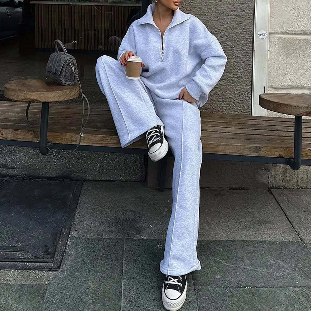 여성용 패션 캐주얼 투피스 세트 반카디건 풀오버 스웨트셔츠와 긴 바지 루즈핏 가을 겨울용