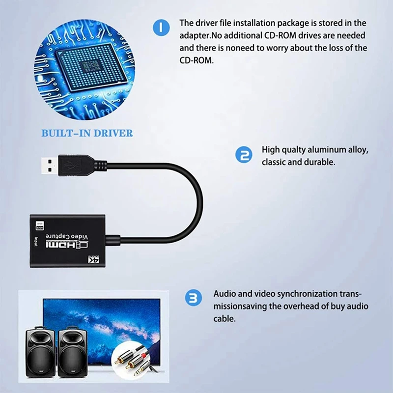 Cartão de captura de vídeo para transmissão e gravação ao vivo, 3X, USB 3.0, Full HD, 1080P, 4K