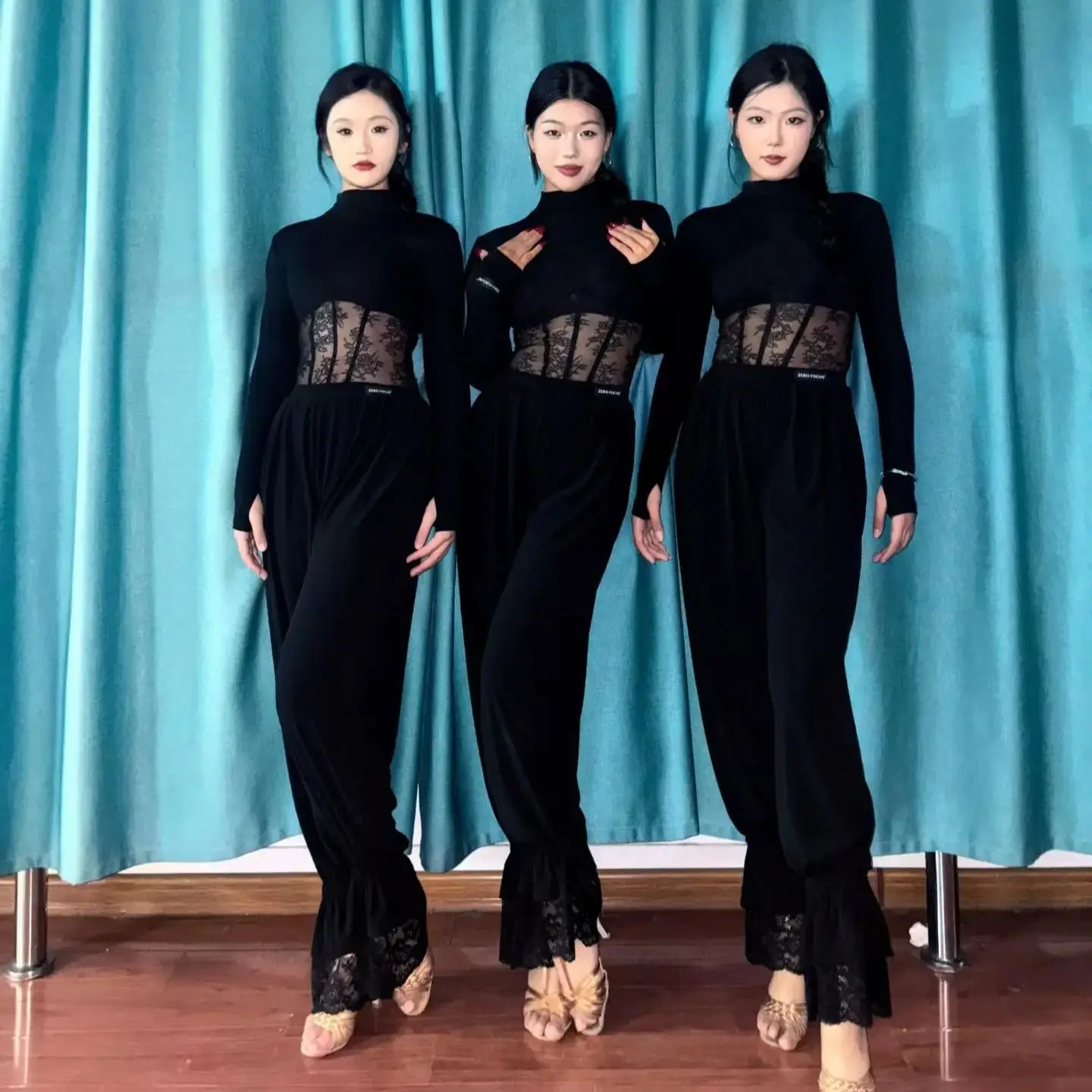 

2025 женские костюмы для латинских танцев, кружевной топ с длинными рукавами, зауженные брюки с высокой талией, тренировочная одежда для танцев, DN22492