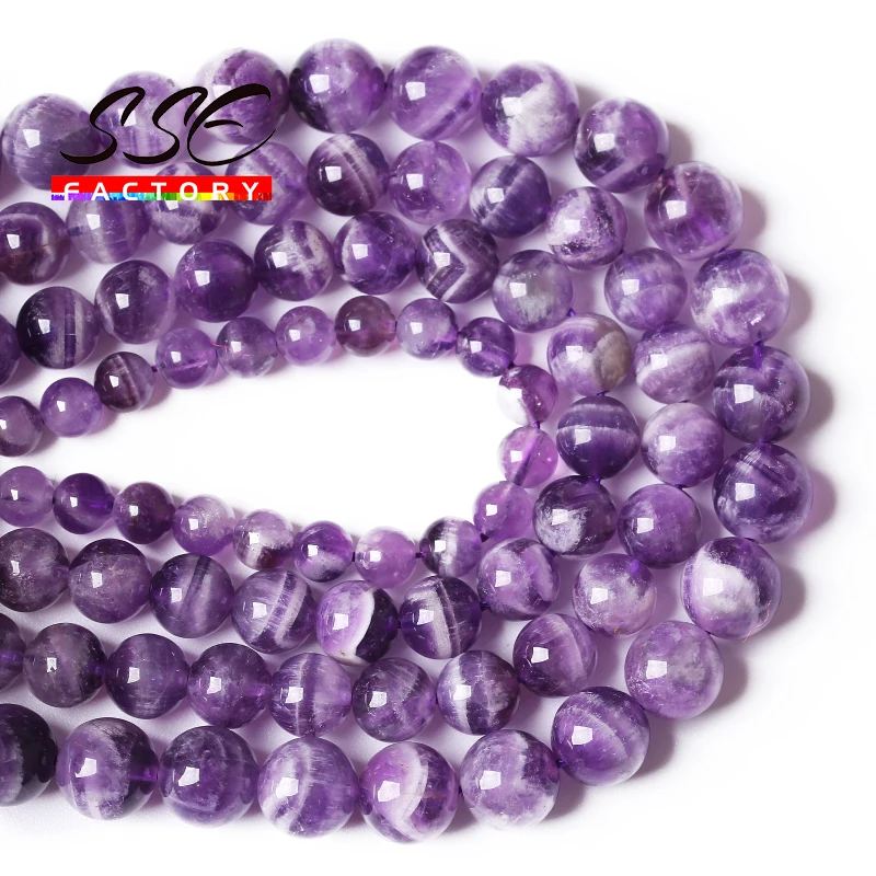 

Real Natural Dream Lace Color Purple Amethysts Crystal Beads Quartz Round Loose Stone Beads For Jewelry Making DIY Bracelets 15"