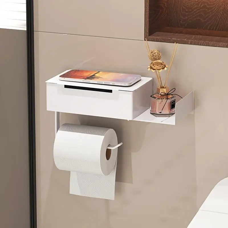 Badezimmer-Toilettenpapierhalter mit Ablage – Selbstklebender, wandmontierter Toilettenpapierrollenspender, kein Bohren erforderlich
