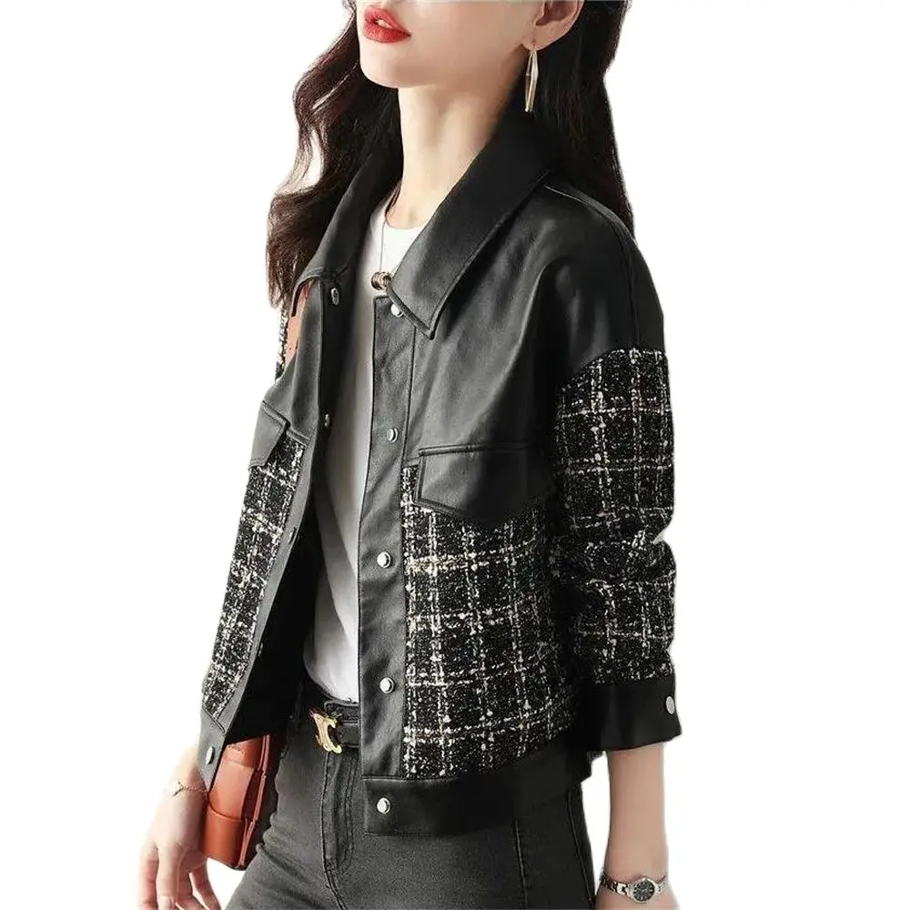 Female Stitching Pu Leather Jacket Motorcycle Coat Autumn Women Spring Tops Single-Breasted Lapel Outerwear