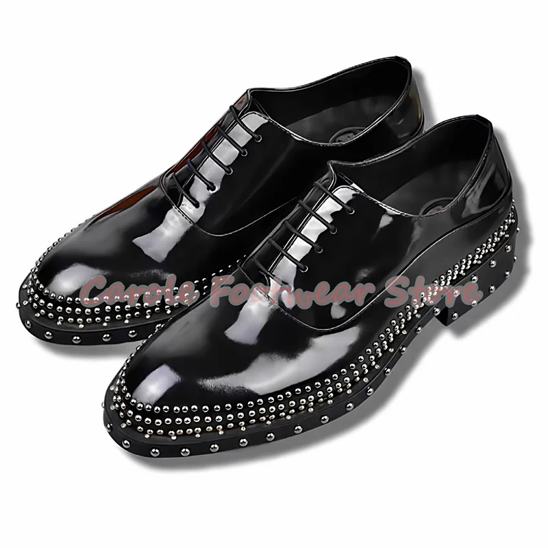 Punk Rivet Platform Chunky Heel Lace-Up Oxfords for Men Handmade Genuine Leather Business Formal Dress Shoes Male Derby Shoes - view 2