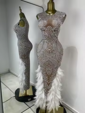 Women Luxury Sparkly Rhinestones Spandex Printed Feathers Hem Long Birthday Dress Glitter Celebrity Evening Party Runway Gowns