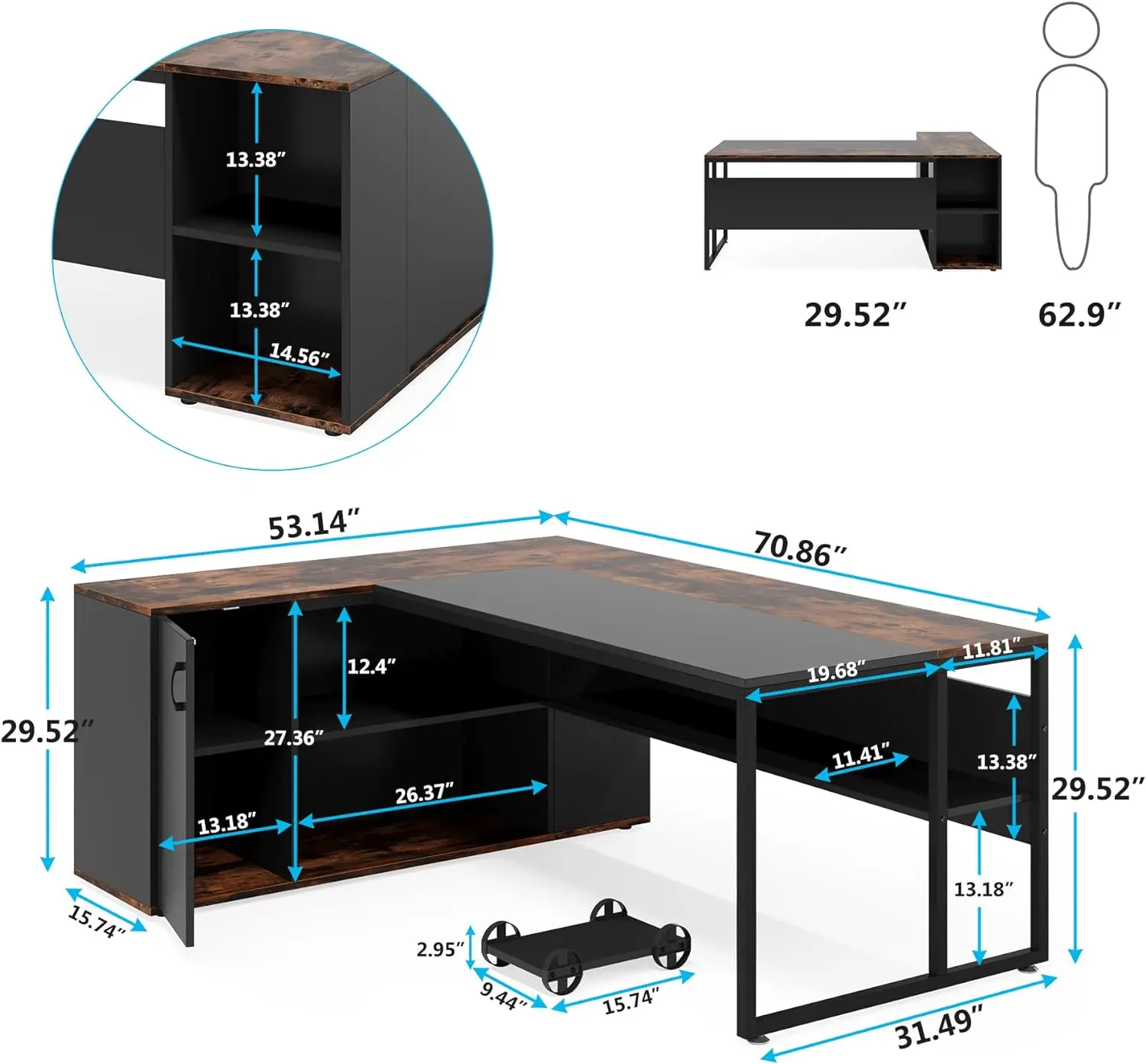 Mesa Executiva em Forma de L com Armário, Mesa com Prateleiras, Mobiliário Empresarial, Estação de Trabalho, 71"