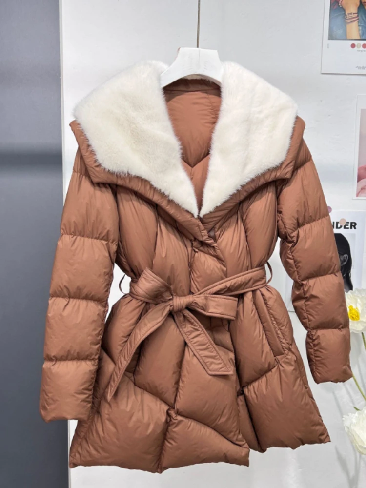 MENINA BONITA 2022 Fashion Real Fur Coat Natural Mink Fur Collar Thick Warm Goose Down Jacket Belt Outerwear Winter Jacket New