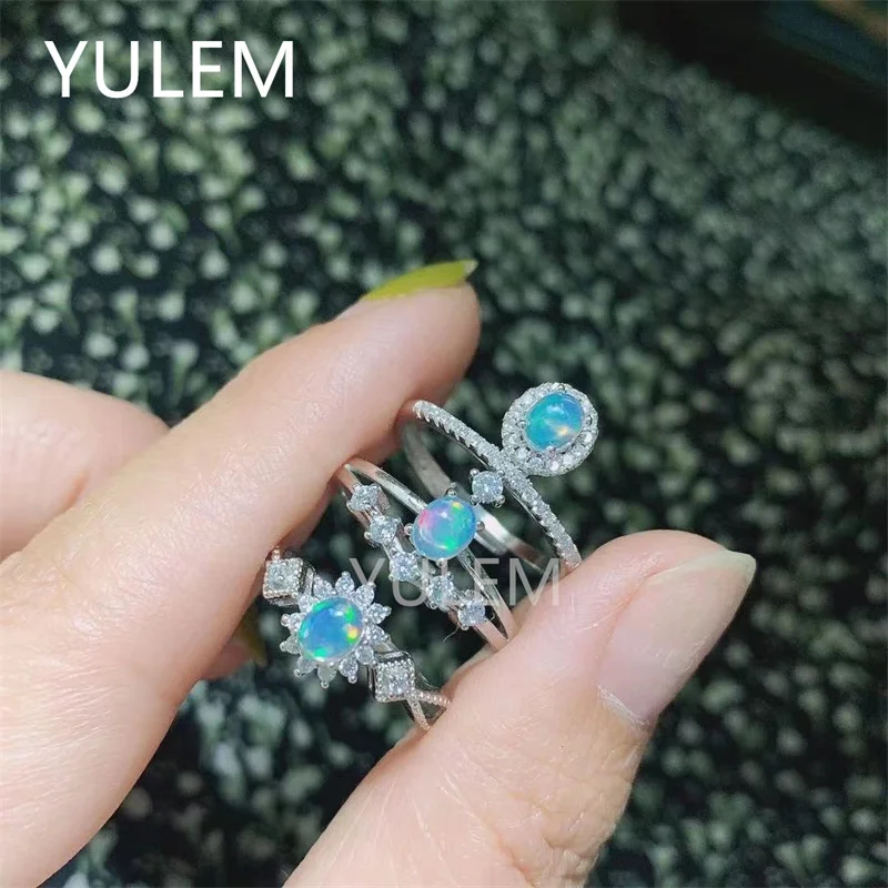 YULEM Classic Silver Opal Ring Wedding Excellent Brilliance Natural Opal Gemstone Ring Solid 925 Sterling Silver Opal Ring Gift