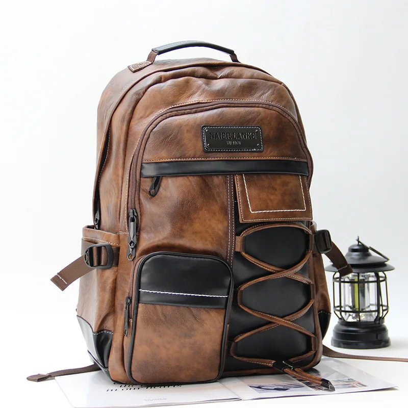 Retro Backpack Men Weight-reducing Straps Backpack for Men Fashion Cross Laces Men's Backpacks Outdoor Waterproof Travel Bags