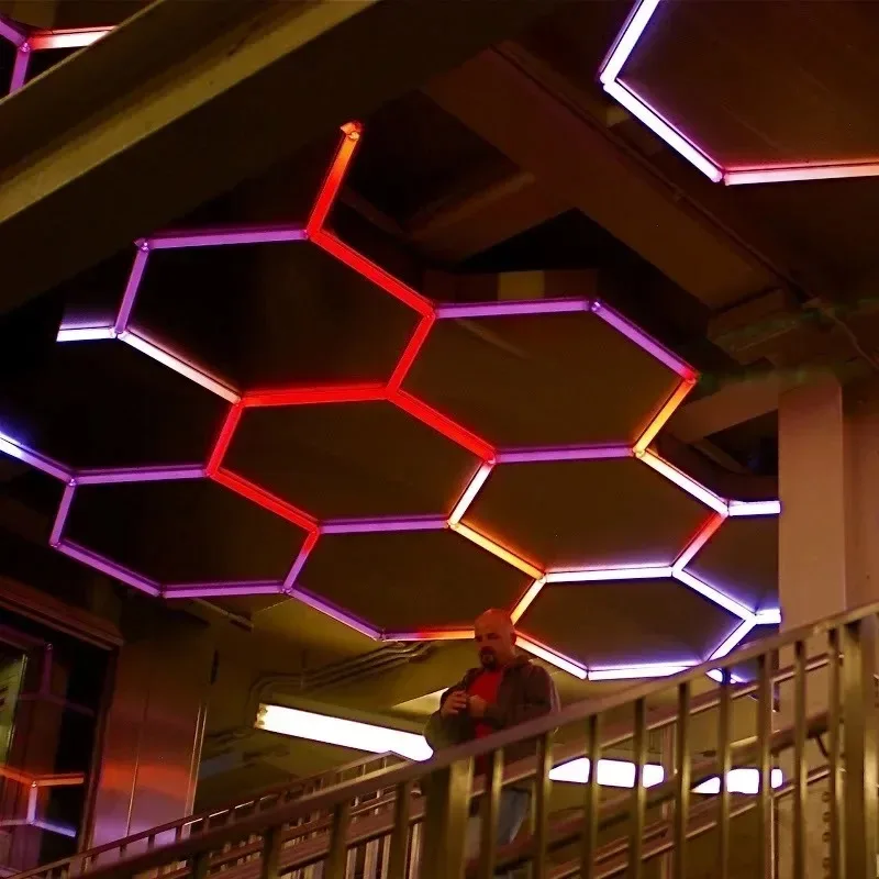 

Hexagon Led Lights App Remote Control RGB Garage Panel Lighting Chasing Color Dimmable Ceiling for Party Gaming Music Stage Gym