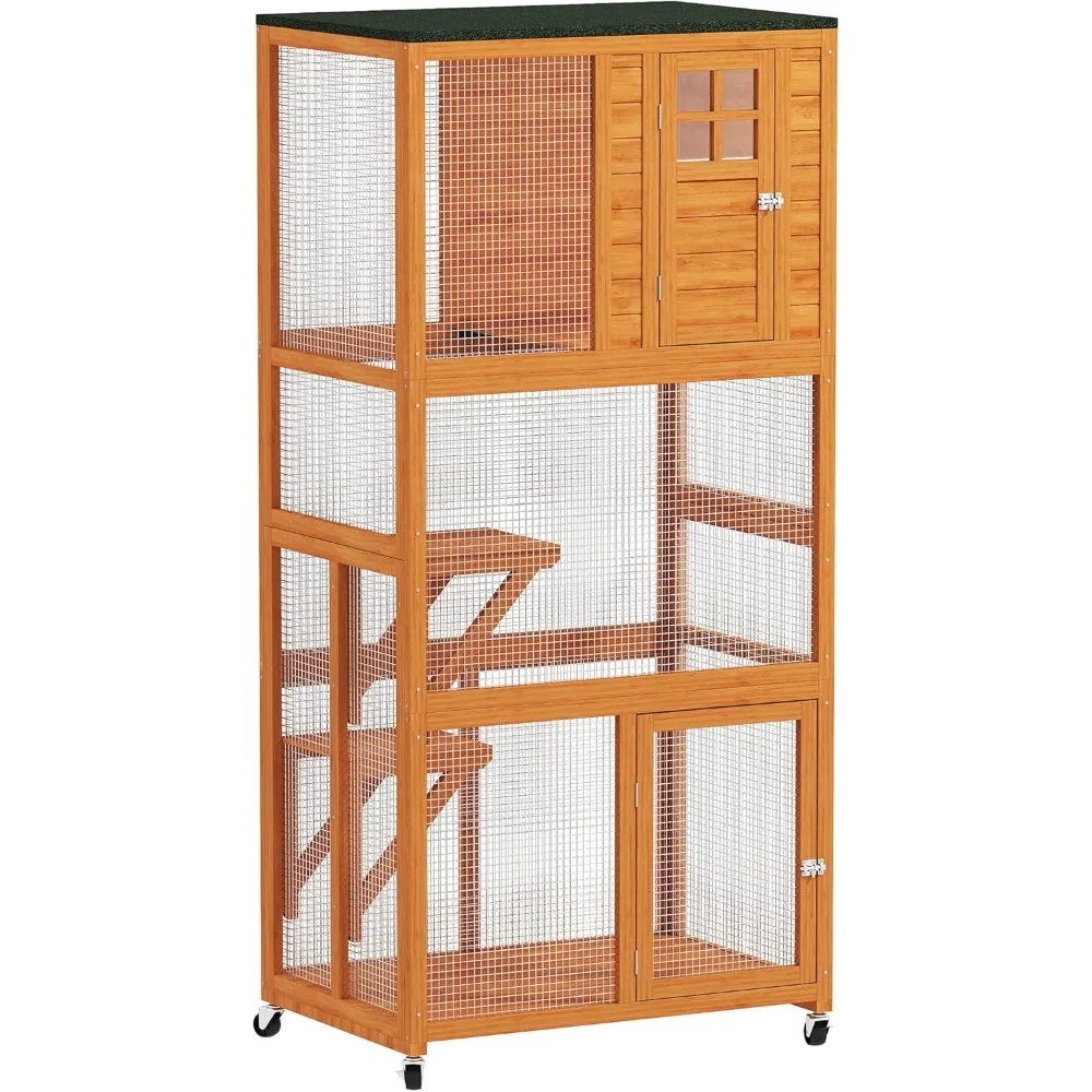 حاوية قطط خشبية خارجية مع مقاومة للعوامل الجوية وتحرك بعجلات للقطط ذات الوزن العالي