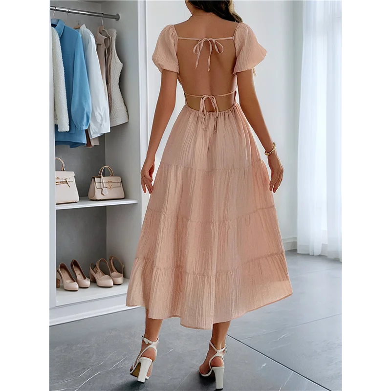 ABRT-Women's Summer Casual Midi Dress Puffy Short Sleeve V-Neck Smocked Tiered Ruffle Dresses