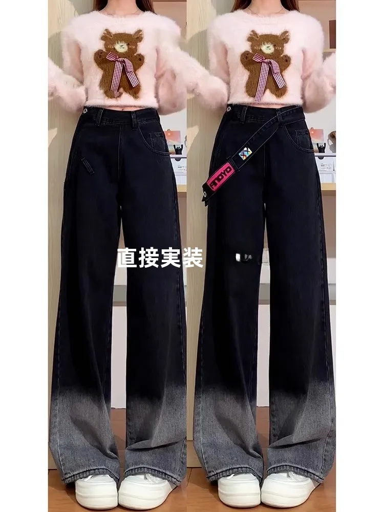 High Waist Wide Leg Gradient Black Grey Zipper Side Women's plus Size Jeans Spring Autumn American Retro Style Casual Trousers