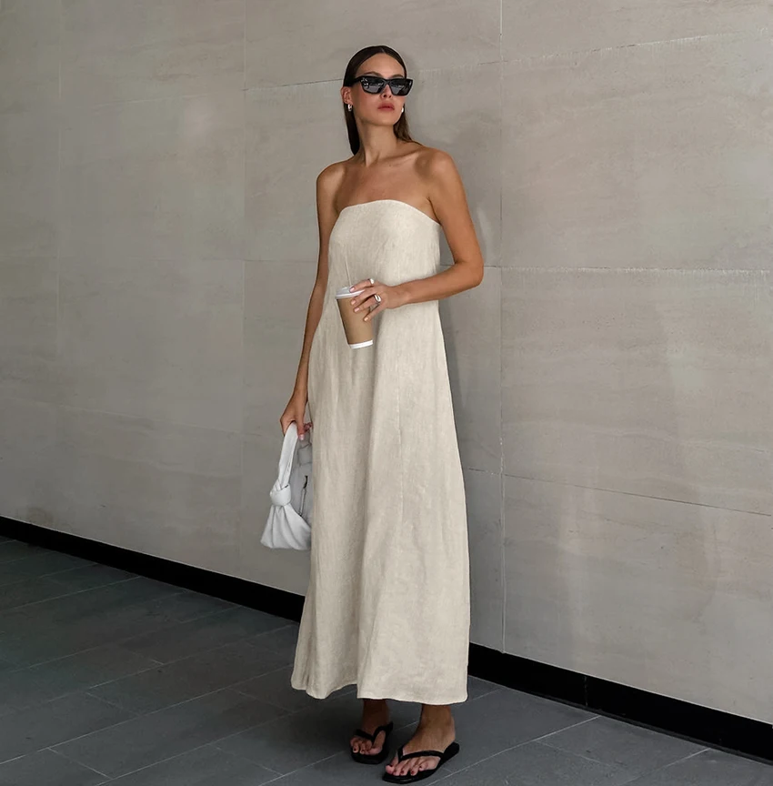 Fashion Khaki Linen A-Line Dress Women 2024 Summer Pockets Strepless Long Dresses Female Casual Solid Midi Dress