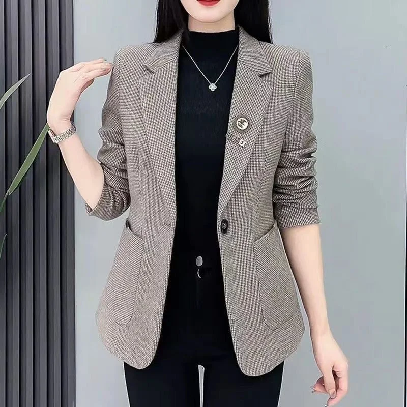 2024 Spring Autumn Casual Blazer New Single Buckle Jacket Suit Collar Women's Clothes Coat Fashion Houndstooth Outeawer Female