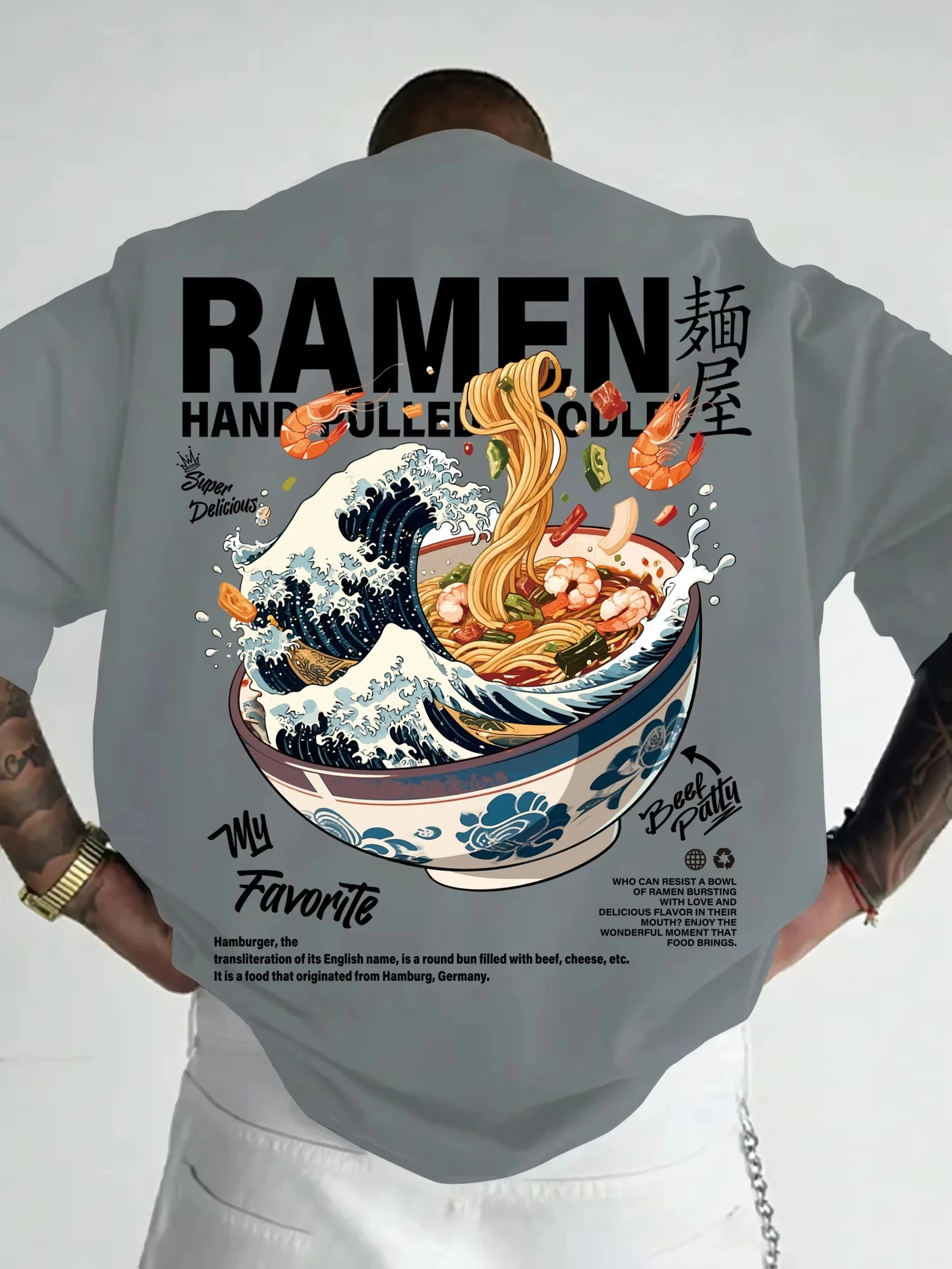 2026 Fashion Men New Summer Casual Street Style T-shirt Japanese Waves Ramen Pattern Suitable for Daily Wear Soft Material