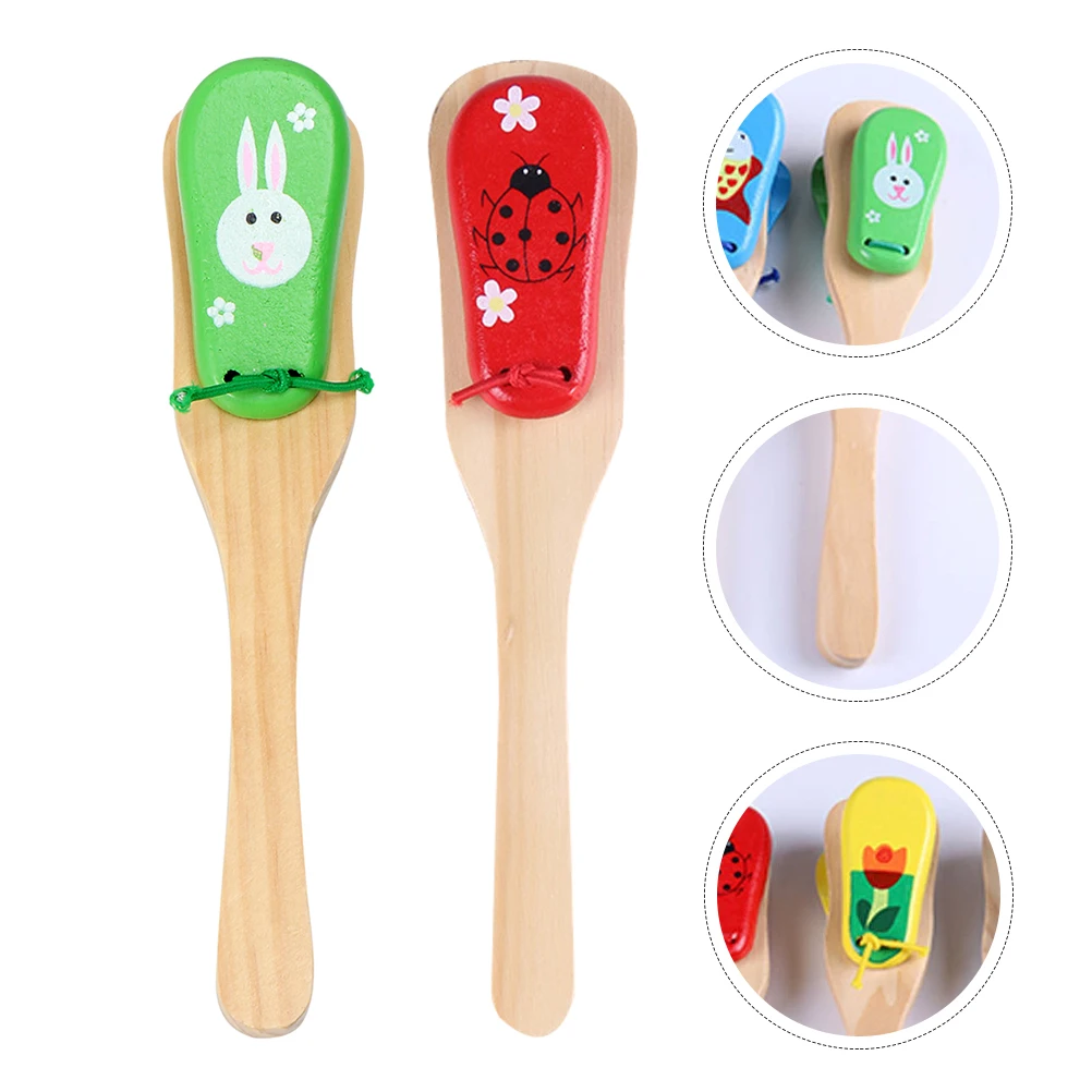 2 pçs cabo longo castanholas de madeira ringboard crianças instrumentos musicais criança brinquedos de percussão presentes educativos