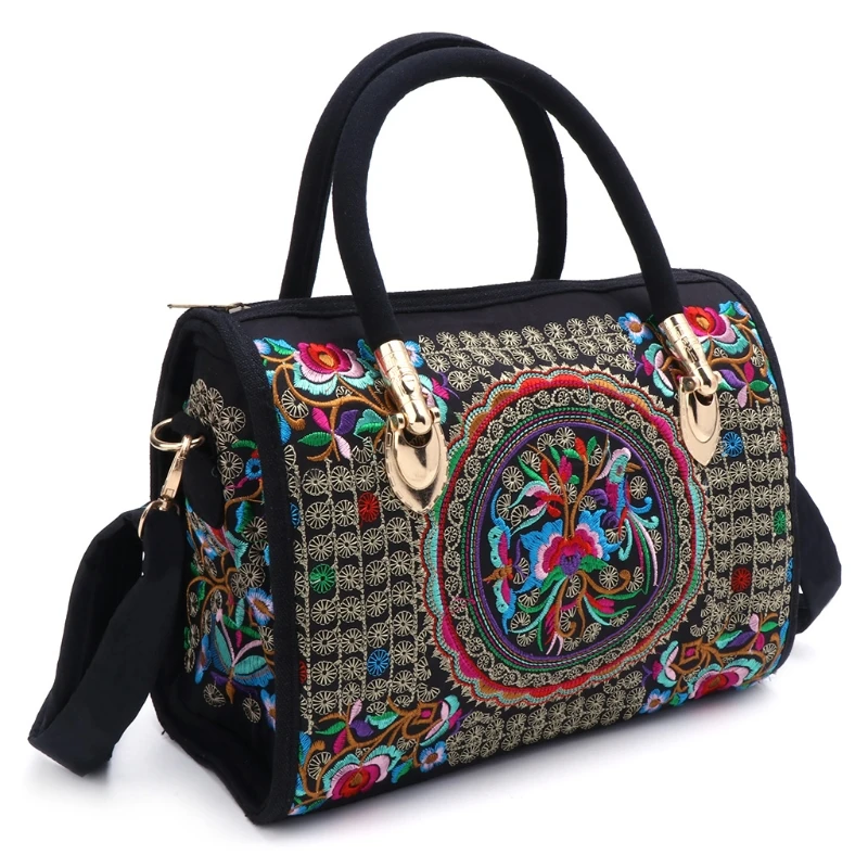 E74B Women Floral Embroidered Handbag Ethnic Boho Canvas Shopping Tote Zipper Bag