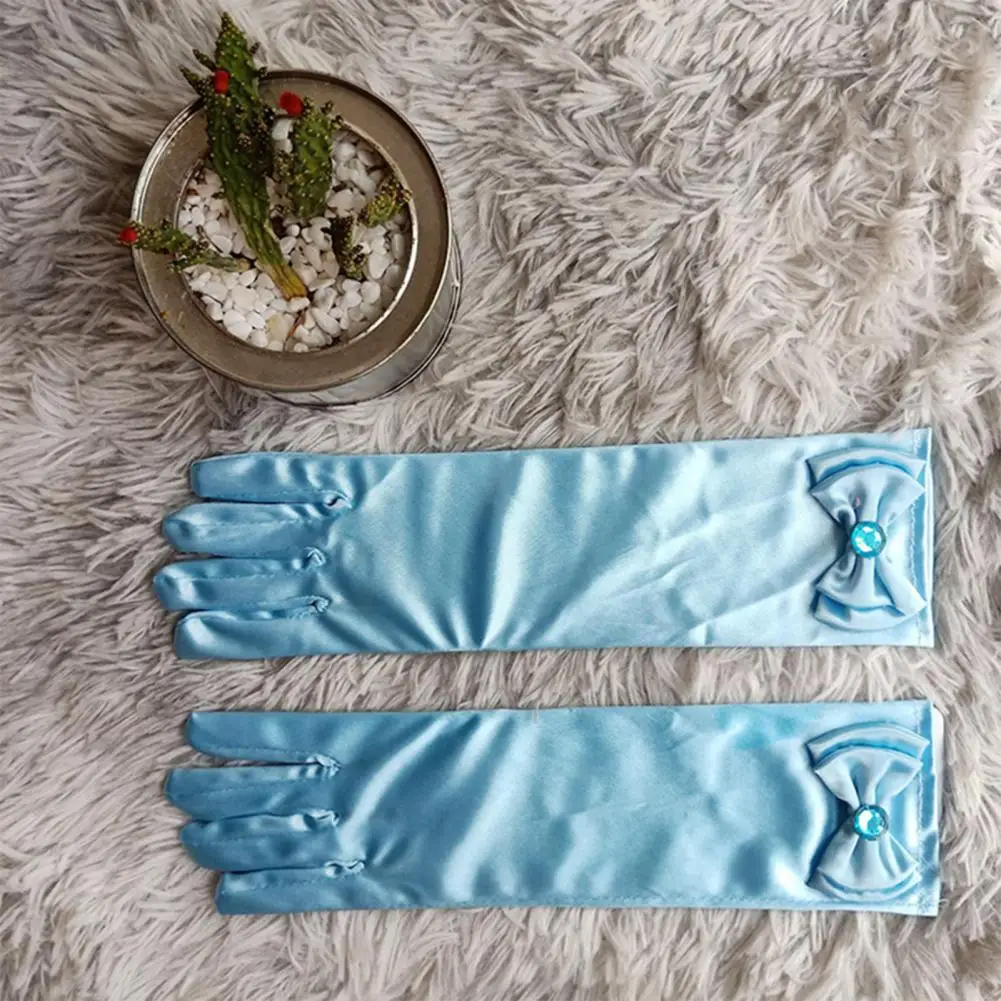 Long Princess Dance Stage Gloves Satin Sequins Bow Glove Solid Full Finger Mittens Birthday Gifts Girls Elsa Princess Gloves