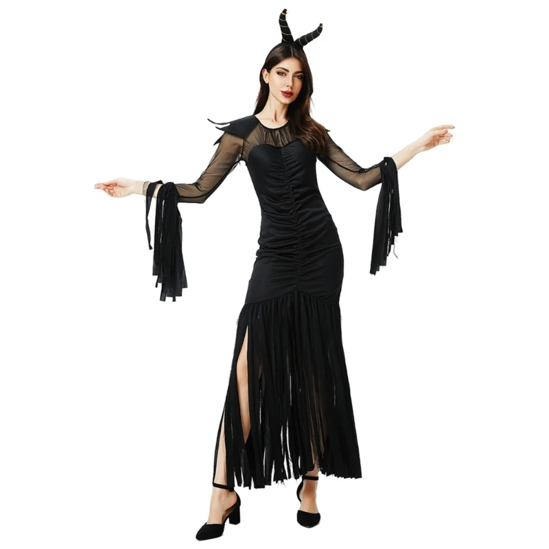 Vestido largo ajustado con abertura y pliegues Halloween para mujer con diadema cuerno N7YE