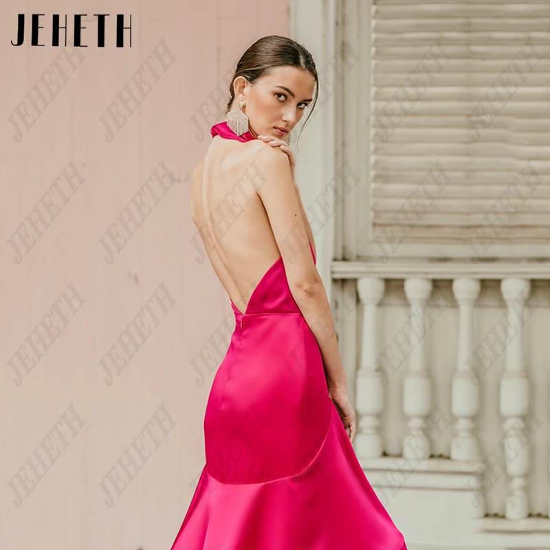 JEHETH Hot Pink Halter Prom Vestidos Mulheres Pleat Satin Backless Vestidos de Noite Sereia Festa Alta/Baixa Vestidos De Festa Sleeveless Hot Pink Halter Prom Vestidos Mulheres Pleat Satin Backless Vestidos de Noite Se