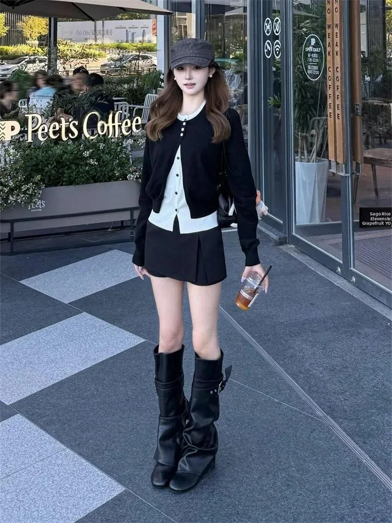 Fashionable Color Block Long Sleeve Women's Sweater And Short Skirt Two Piece Set Autumn Winter Slimming Design Sensation