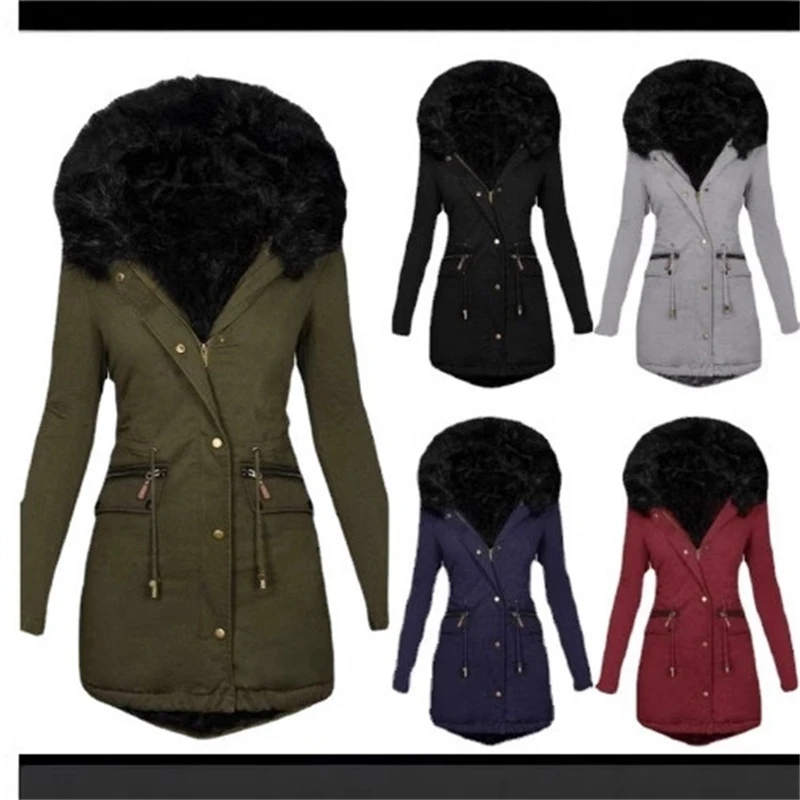 

Fleece Lined Warm Puffer Jacket Hooded Long Winter Coat For Women Thicken Parka Overcoat With Pockets And Faux Fur Hood